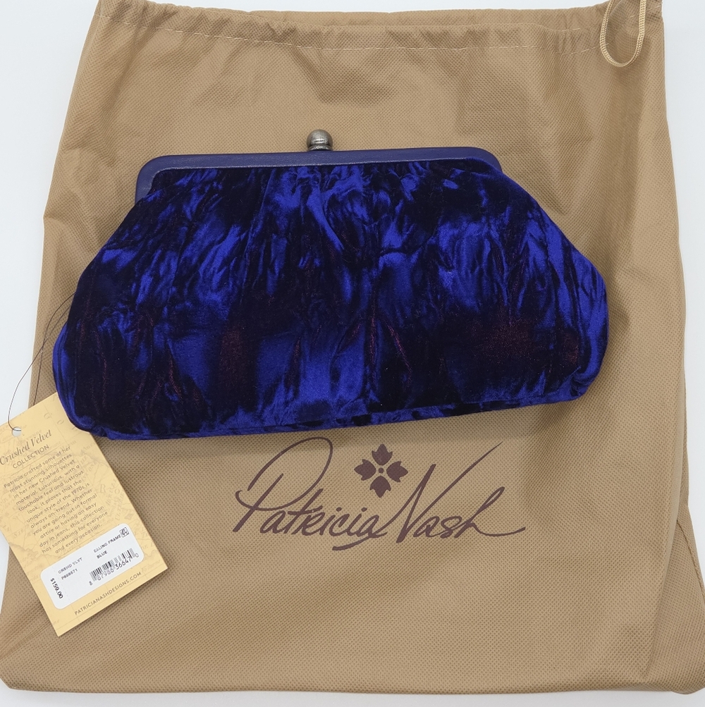 Patricia Nash Ealing Blue Velvet Clutch Crossbody Bag With Purple/Fuchsia Accent